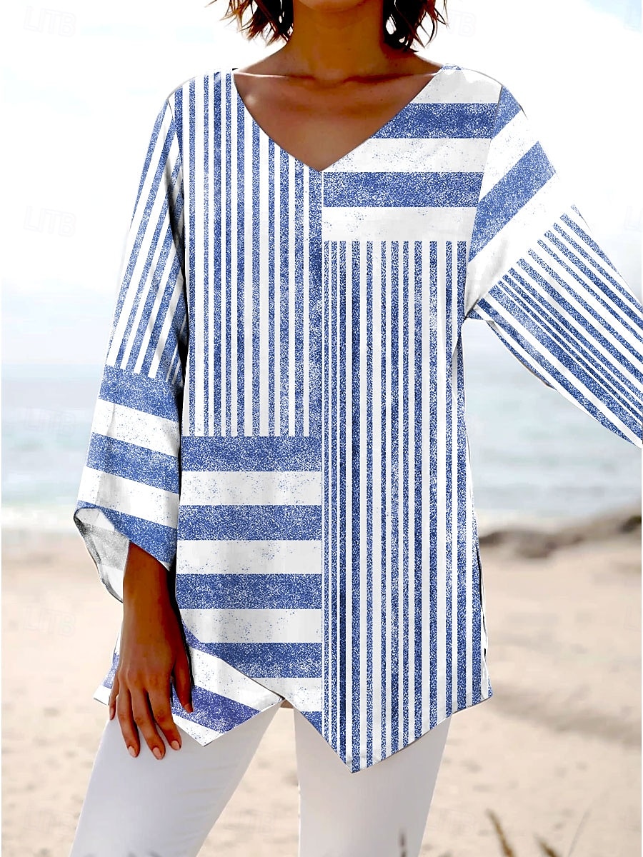 Dame Bluse Grafisk Stripet Stilfull Strandstil Kortermet V-hals Vanlige topper Daglig Trykt mønster Rosa Blå Grå Vår Høst 2025 - $25.99 –P3