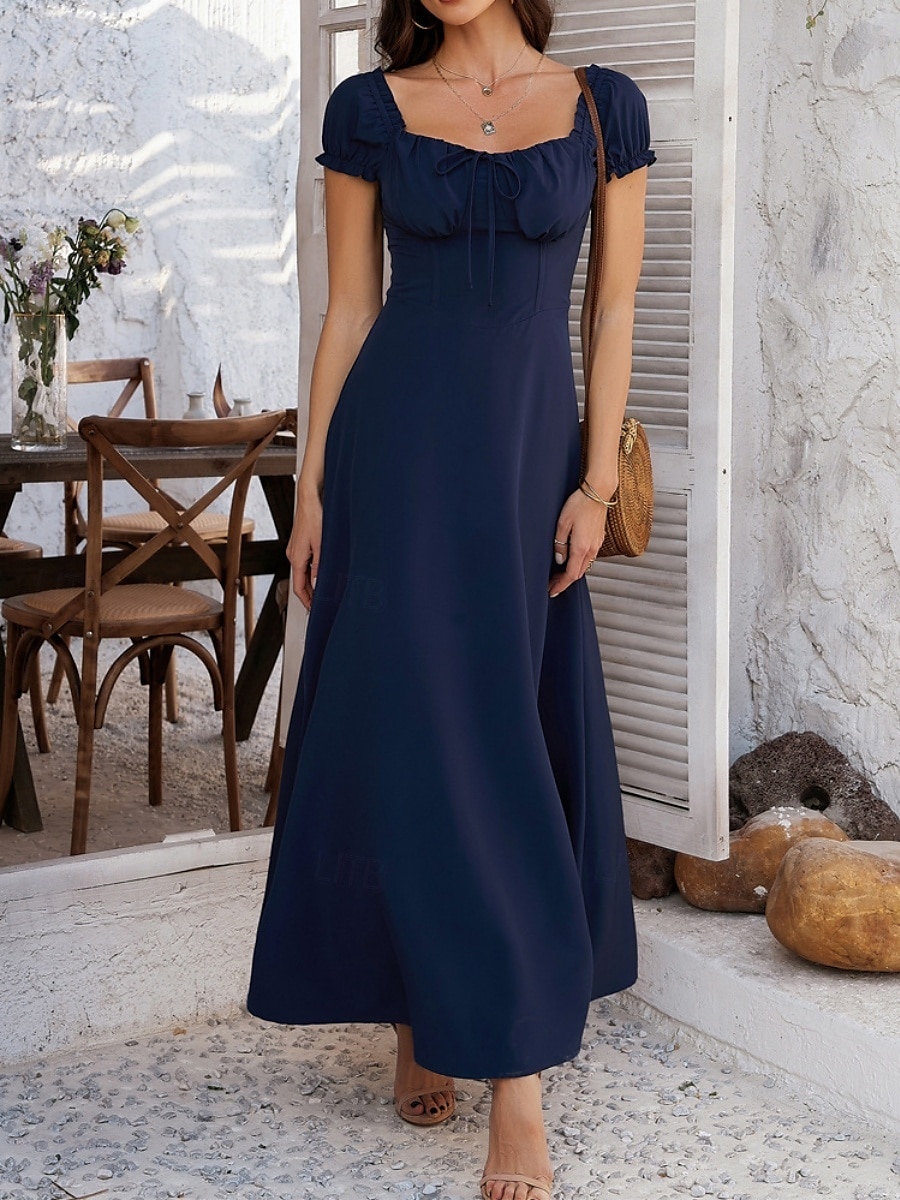 Dam Långklänning Maxiklänning Vit klänning Vardagsklänning Swingklänning Sommarklänning Mode Modern Elegant klänning Dagligen Datum Helgen Normal Slät Kortärmad Fyrkantig hals Svart Vit Gul Marinblå 2025 - $32.99 –P15