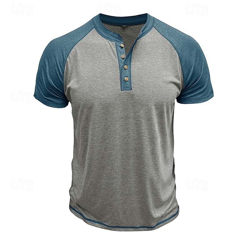 2026年 男性用 ヘンリーシャツ ティートップ ベースボールTシャツ 半袖 カラーブロック ファッション デザイナー ラグランスリーブ ヘンリー バケーション ストリート お出かけ 夏 ダークグレー ブラック グレー ヘンリーTシャツ  コレクション – $21.99 –P2