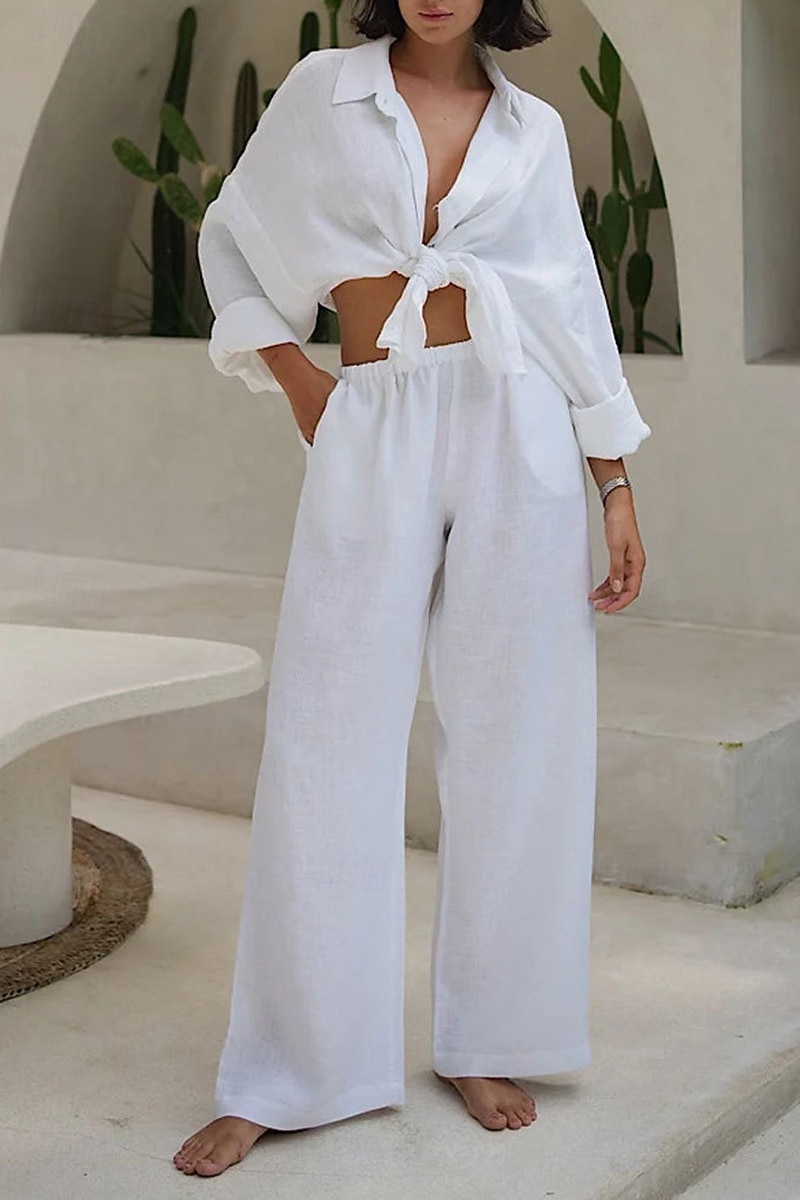 Women's Shirt Two Piece Sets Pants Sets Long Sleeve Shirt Collar Solid Color Dubbele Rij Knopen Fashion Basic Vacation Casual Daily White Red Dark Navy Summer Regular Fit 2026 - $36.99 –P6