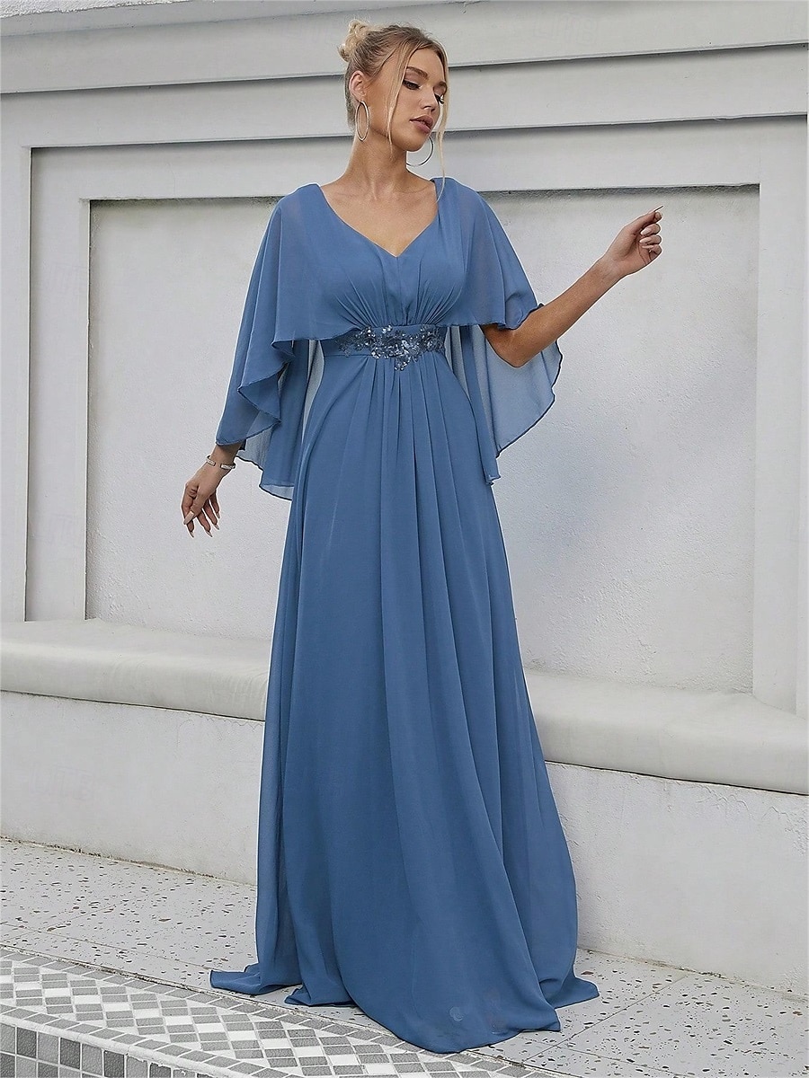 Dress Mother of the Bride Dress Elegant Party V Neck Floor Length Polyester Half Sleeve with Appliques 2025 2025 - $82.99 –P1