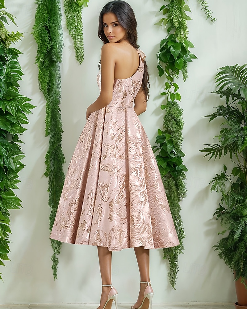 Evening Gown Jacquard Brocade Pleated Dress Formal Wedding Tea Length Sleeveless One Shoulder with Bow(s) Wedding Guest Dress 2025 - $139.99 –P3