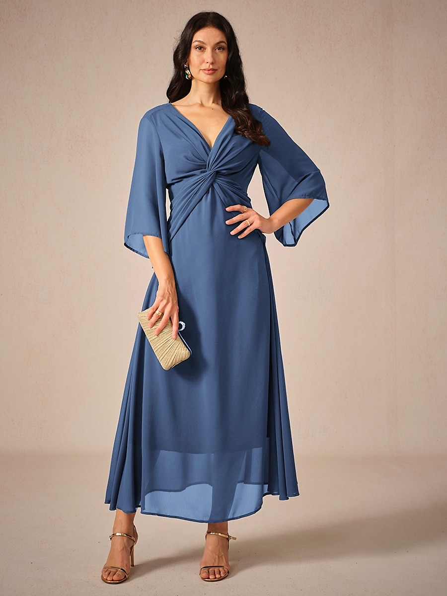 rochie de cocktail pentru invitați la nuntă pentru femei șifon uni cu volane răsucite elegantă rochie maxi de vară cu decolteu în V mânecă evazată lungime 3/4 2025 - $49.99 –P6