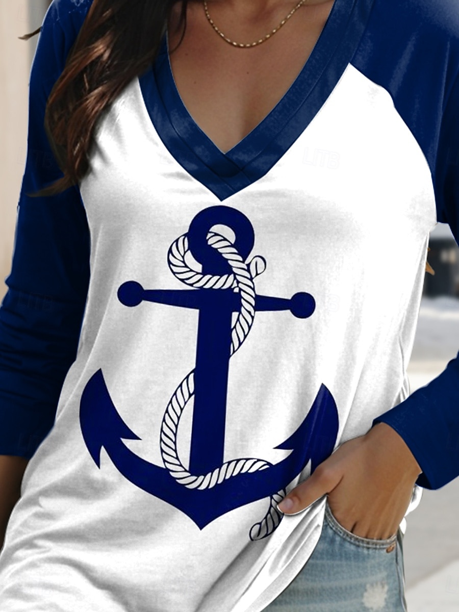 Mulheres Camiseta Gráfico Âncora Casual Estilo Praia Manga Longa Decote V Tops regulares Diário Final de semana Imprimir Azul Primavera Outono de 2025 por $22.99 –P3