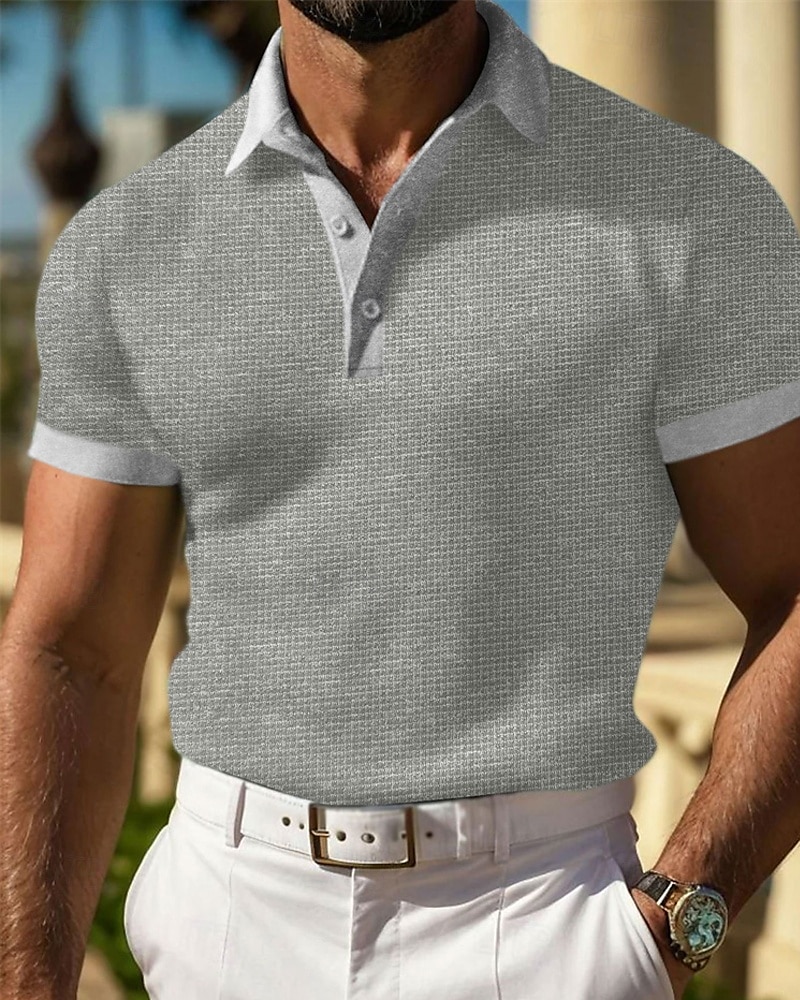 Herr Våffelpikétröjor Golftröja Arbete Ledigt Kavajslag Kortärmad Grundläggande Modern Slät Knappar Sommar Vår Normal Svart Vit Gul Rubinrött Ljusgrå Ljusblå Våffelpikétröjor 2025 - $17.99 –P2