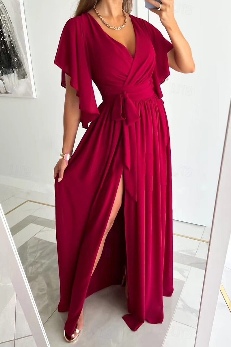 Damen kleid lang Formelle Kleidung Modisch Trompetenärmel Party Verabredung Regular Fit Glatt Kurzarm V Ausschnitt Schwarz Rote Blau Khaki Sommer 2025 - $23.99 –P3