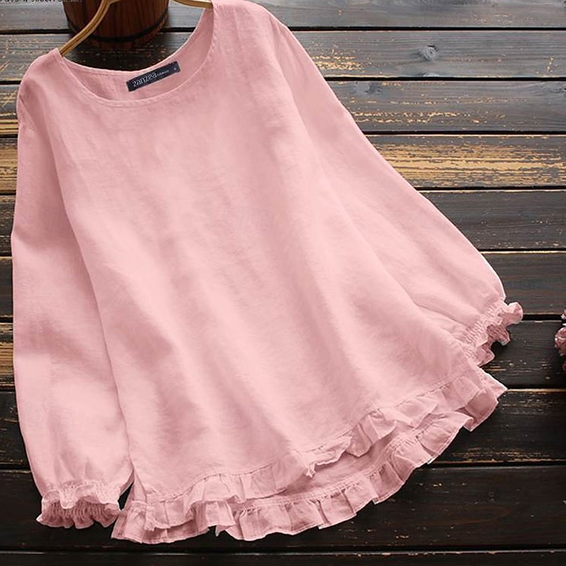 Women's Blouse Cotton Linen Shirts Plain Basic Modern Long Sleeve Square Neck Regular Tops Daily Holiday Going out Ruffle Black White Pink Army Green Navy Blue Summer 2025 - $22.99 –P2