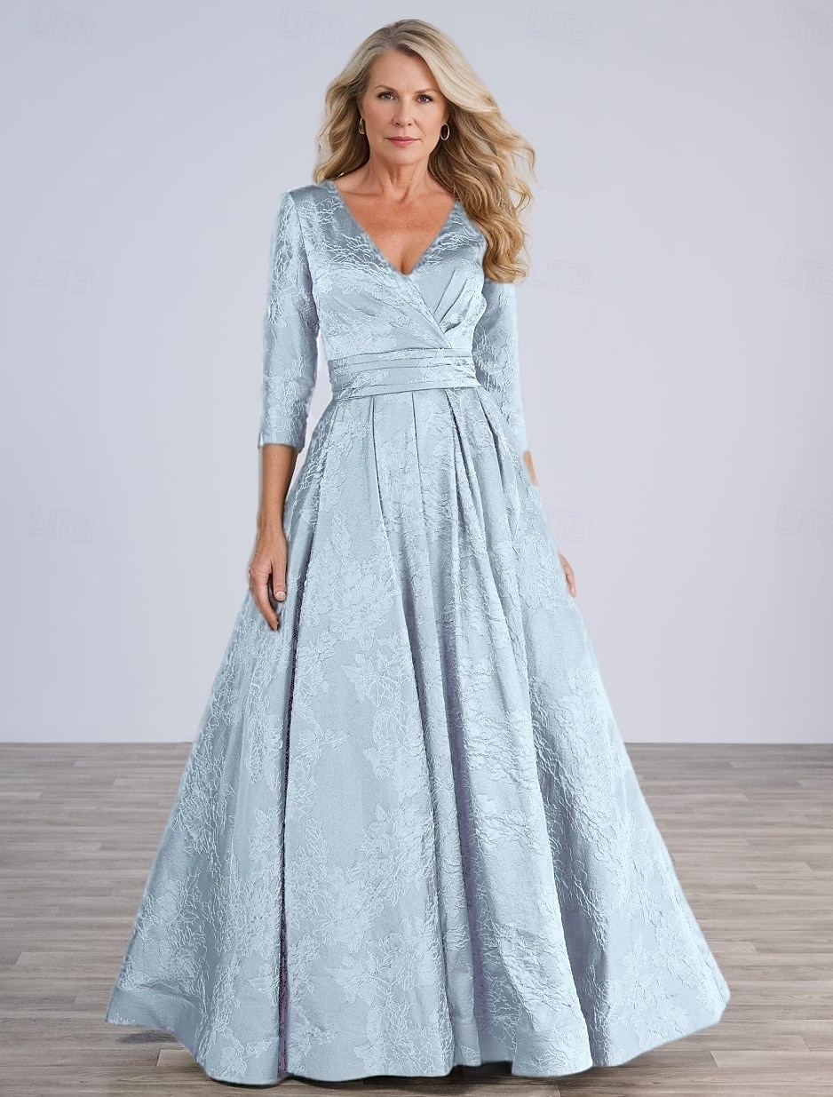Blau Rosa Jacquard A-Linie Brautmutter Kleid Elegantes Vintage Bodenlänge Polyester Spitze Halblangarm mit Blume Hochzeitsgastkleid 2025 2025 - $159.99 –P1
