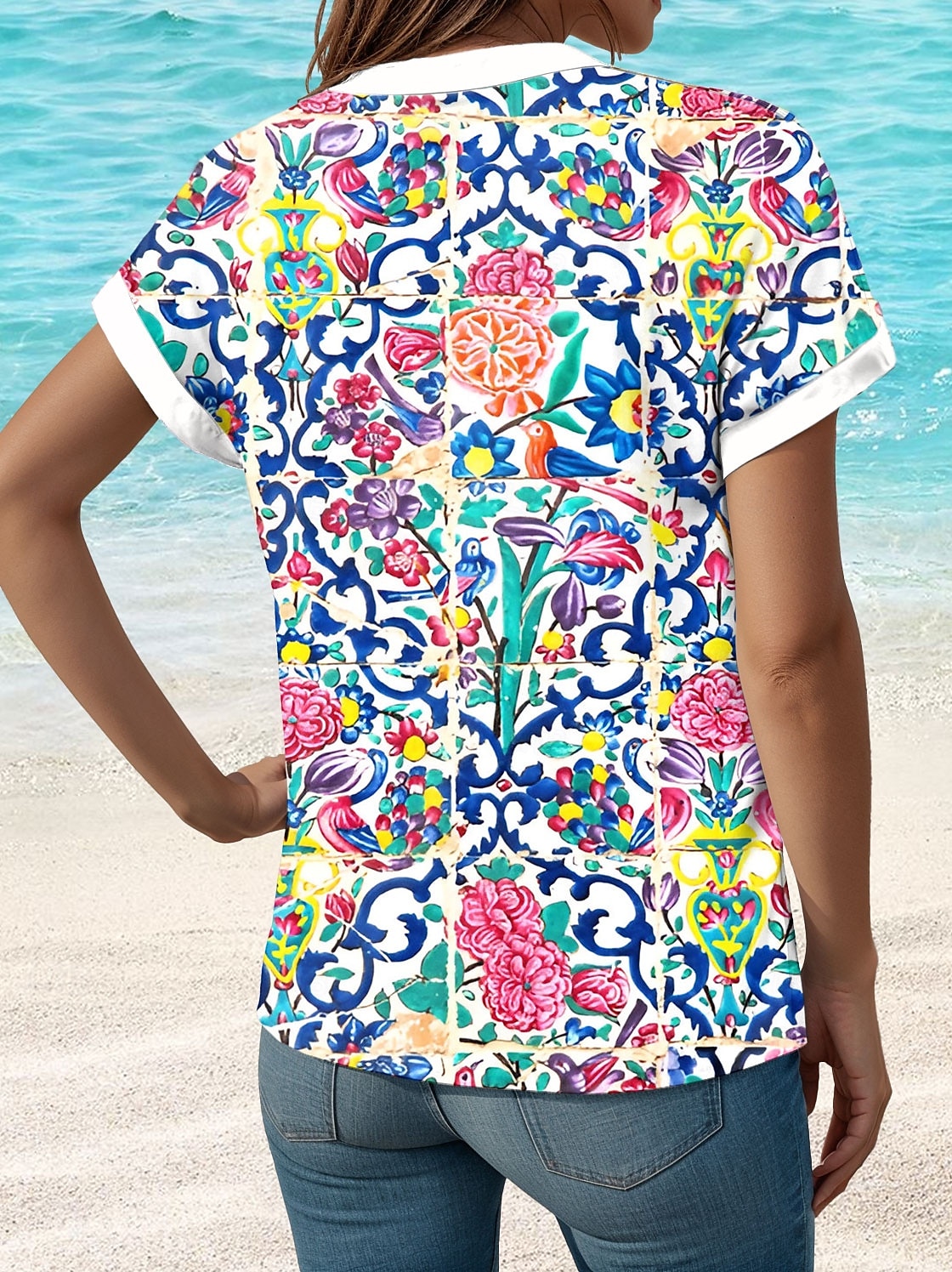 Dame skjorte V-hals knappebluse blomster grafisk paisley stilig strand kortermet skjorte krage vanlig topper daglige knapper trykk hvit vår høst 2025 - $29.99 –P2