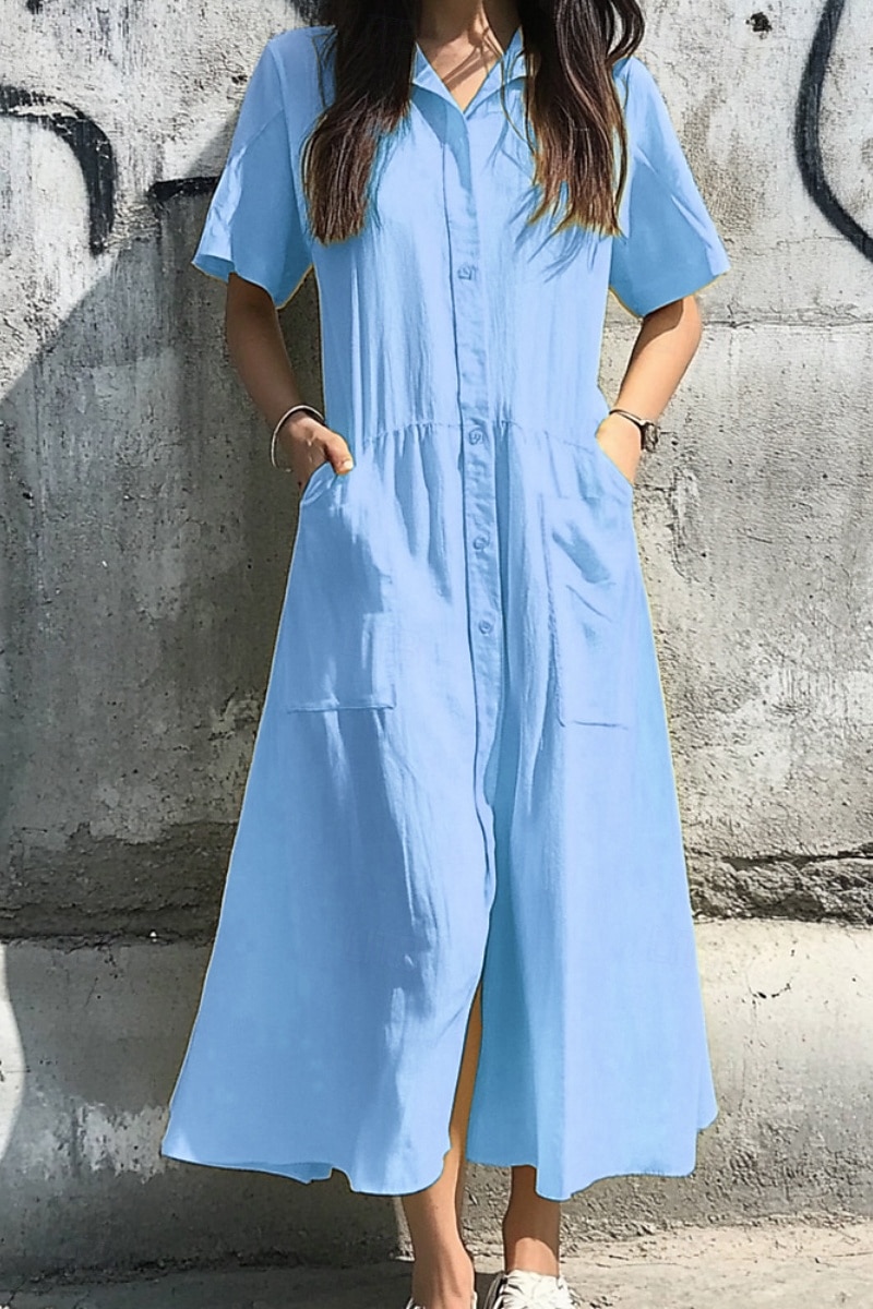 Damskie Sukienka midi Sukienki inspirowane lnem Bawełniana lniana sukienka Moda Klasyczny Urlop Wyjściowe Weekend Regularny Równina Krótki rękaw Kołnierzyk koszuli Jasnoróżowy Żółty Zielony 2025 - $32.99 –P1