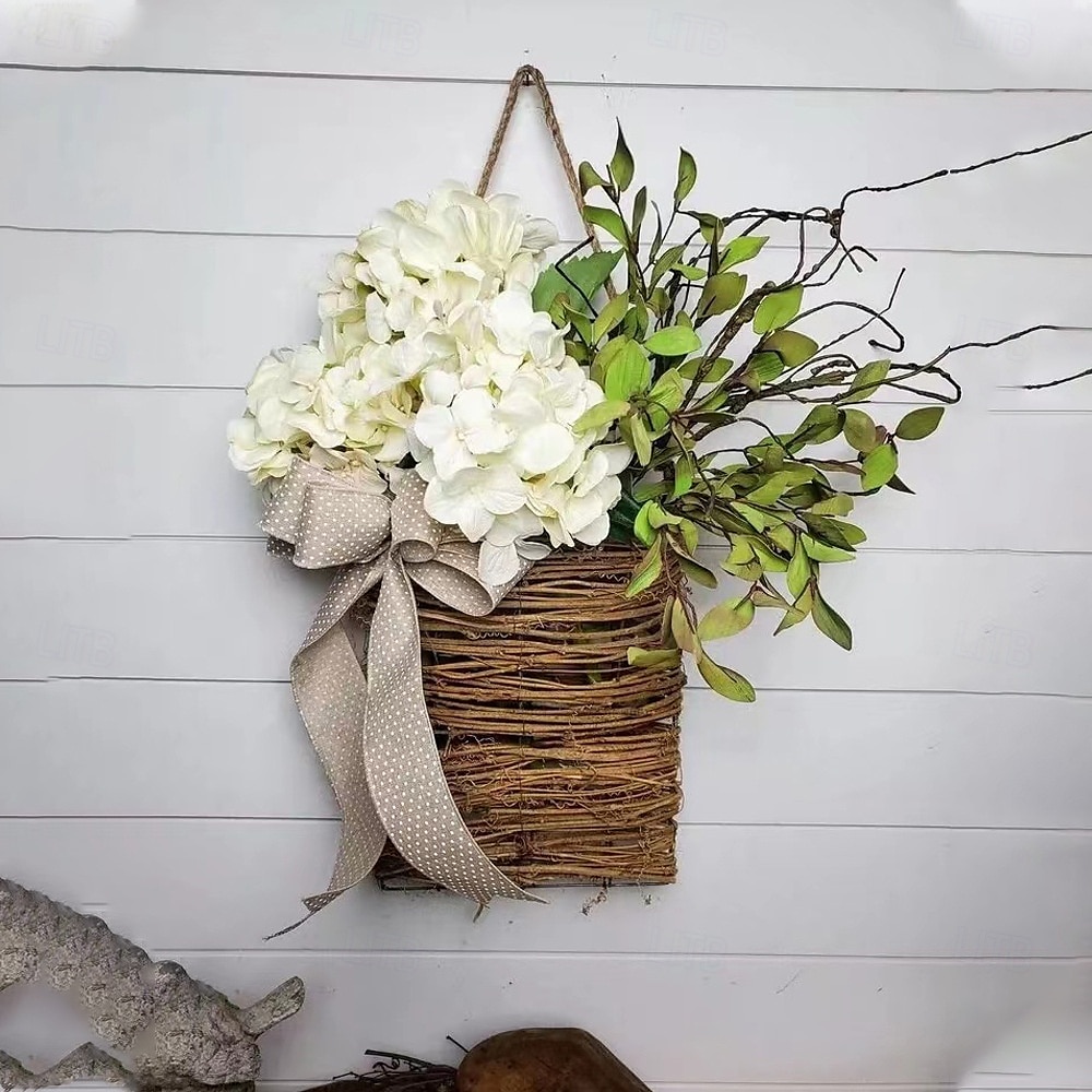 Cream Hydrangea Door Hanger Basket Wreath Spring Wreath Floral Artificial Hydrangea and Vine Basket Door Hanging Decoration with Rustic Twigs for Front Door, Porch, Living Room, Cafe 2025 - $25.99 –P1