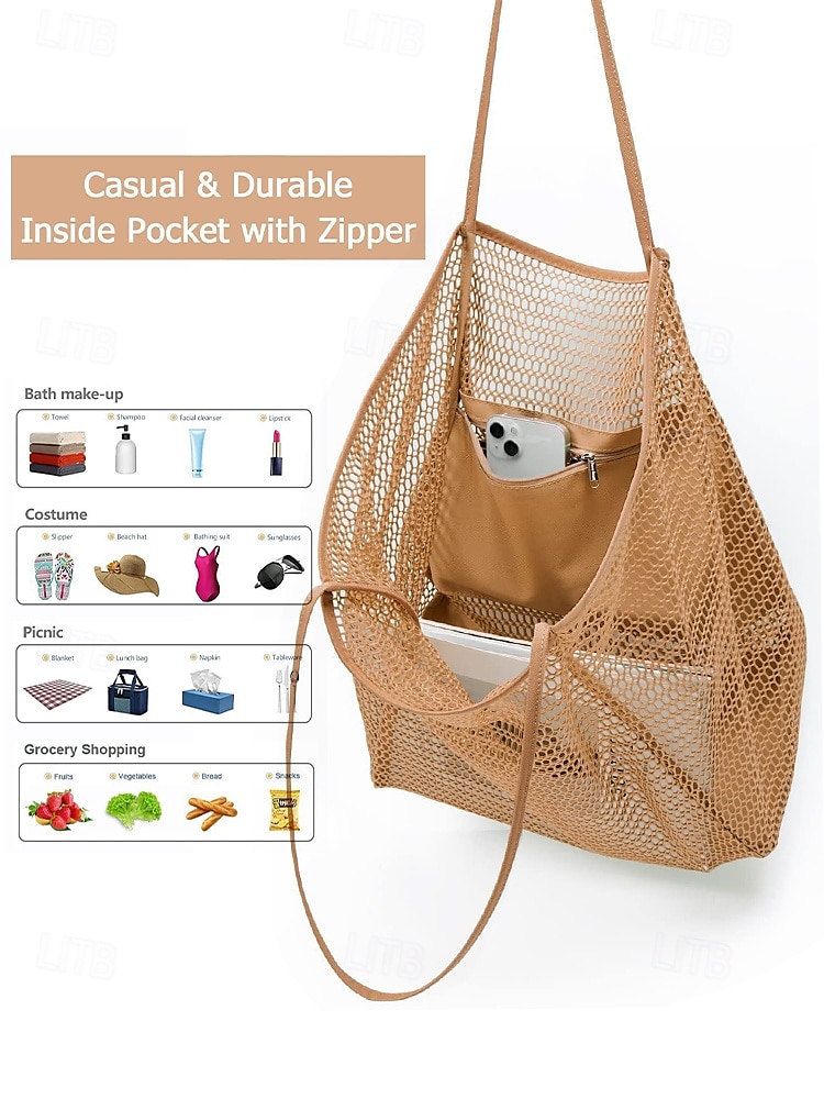 Women's Tote Shoulder Bags Mesh Shopping Casual Daily Beach Large Capacity Solid Color Black Pink Light Green 2025 - $14.99 –P7