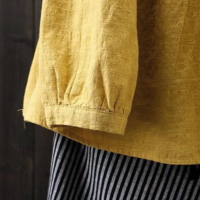 Women's Blouse Faux Cotton Linen Ruched Buttons Plain Modern Casual Long Sleeve Crew Neck Regular Tops Daily Going out White Yellow Pink Navy Blue Summer 2026 - $6.49 –P5