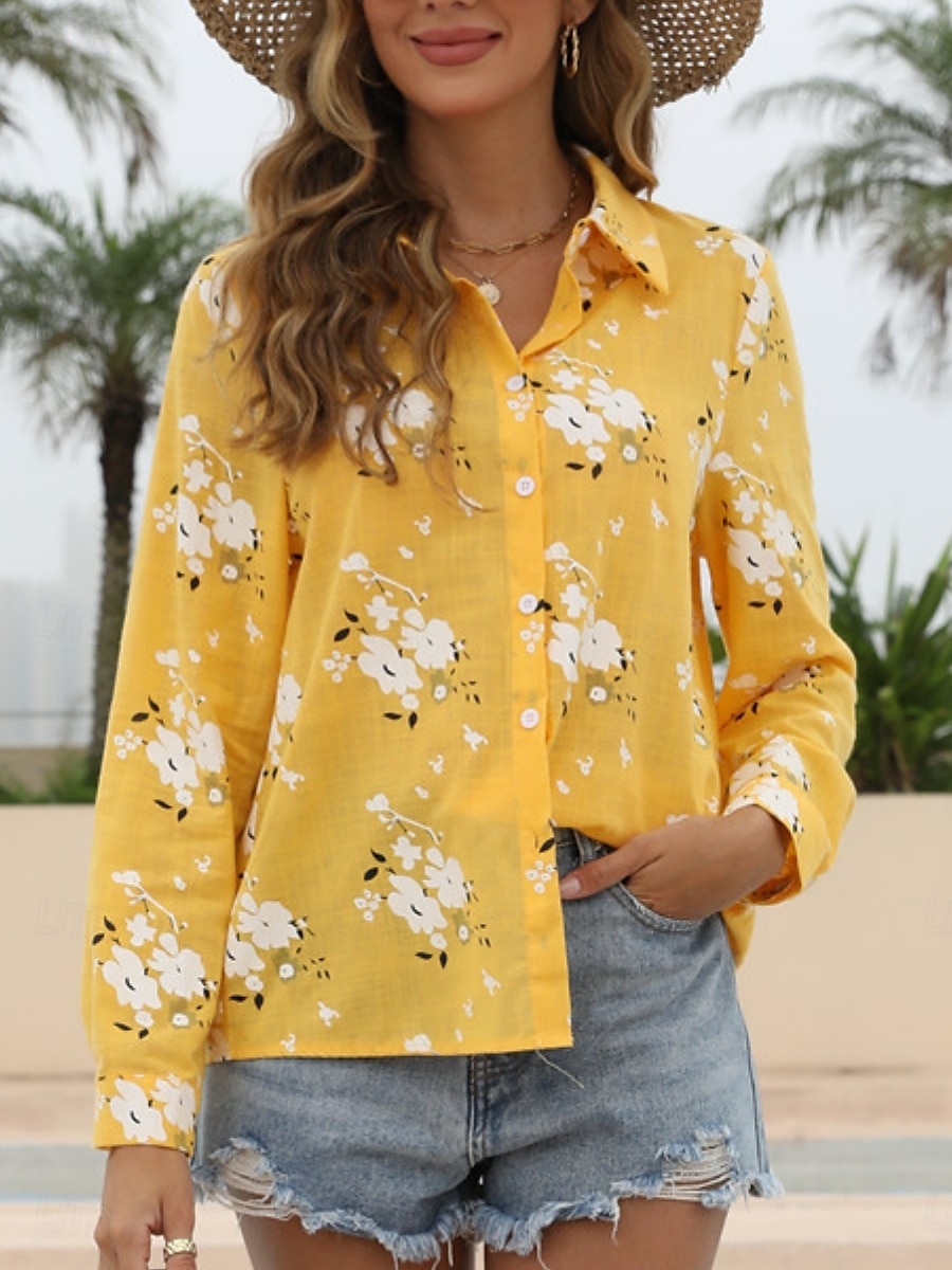 Damenhemd Floral Stylish Casual Langarmhemd Kragen Regelmäßige Tops Täglich Leinenähnliche Knöpfe Druck Weiß Gelb Hellblau Sommer Frühling 2025 - $19.99 –P7
