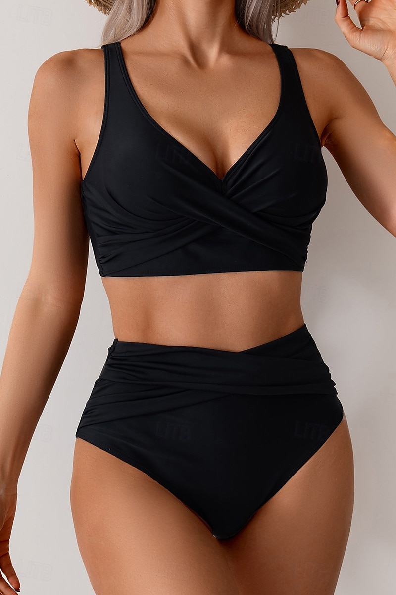 Femmes Maillots de Bain Bikini Maillot de bain Froncé Taille haute Tropical Tenues de plage Uni Fil en V Sans manches Maillots de bain de 2025 ? $22.99 –P4