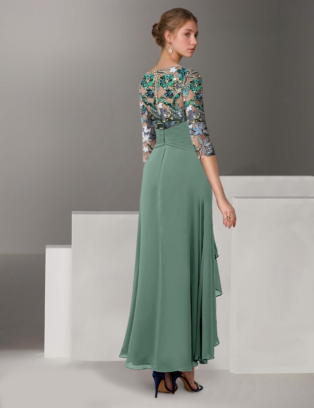A-Linie Kleid Brautmutterkleid Hochzeitsgast Kirche Elegant Vintage Illusionsausschnitt Knöchellänge Chiffon Halbarm mit Paillette Stickerei 2025 2025 - $189.99 –P2