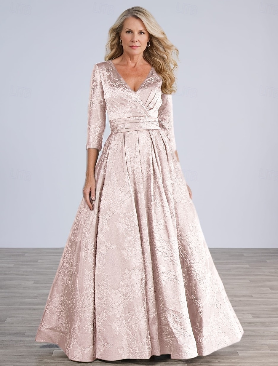 Blau Rosa Jacquard A-Linie Brautmutter Kleid Elegantes Vintage Bodenlänge Polyester Spitze Halblangarm mit Blume Hochzeitsgastkleid 2025 2025 - $159.99 –P2