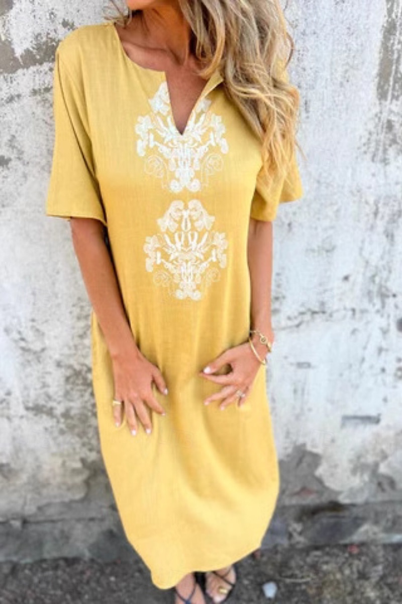 Damen Midikleid Baumwoll-Leinenkleid Mode Basic Täglich Ausgehen Strand Normale Passform Blume Kurzarm V Ausschnitt Weiß Gelb Rosa Wein Sommer 2025 - $24.99 –P7