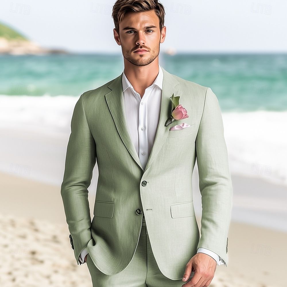 Pour des hommes Mariage à la plage Costumes en lin Revers Cranté Vert Sauge Mode Occasionnel Couleur Unie Coupe Standard 2 pièces Simple Boutonnage Deux Boutons de 2025 ? $116.99 –P1