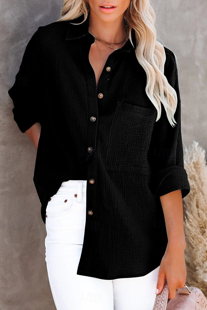 Per donna Camicia Camicie ispirate al lino Abbottonare Semplice Elegante Manica Lunga Colletto a Camicia Top Regolari Quotidiano Ferie Bottoni Nero Bianco Verde chiaro Arancione Estate del 2025 a $22.99 –P12