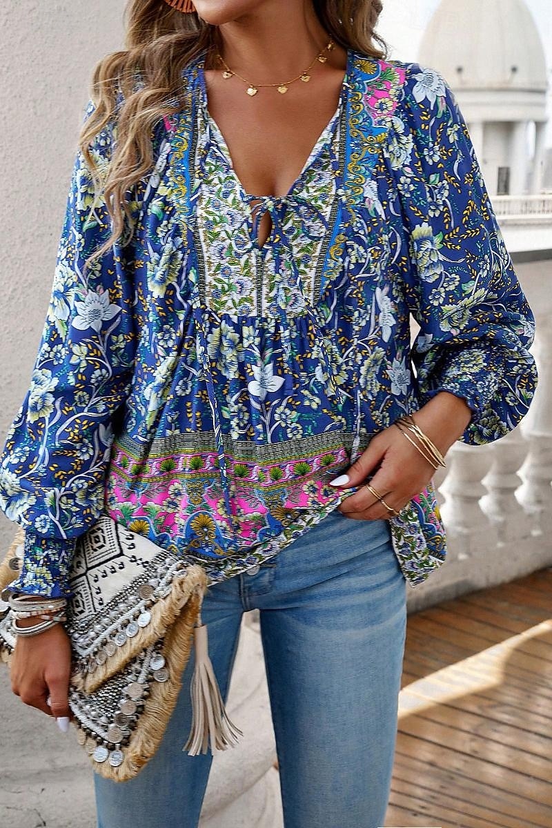 Dame Skjorte Bluse Blomsternål i krystall Daglig Stilfull Fritid Langermet V-hals Vanlige topper Daglig Ferie Trykt mønster Rosa Navyblå Blå Aprikos Vår 2025 - $29.99 –P5