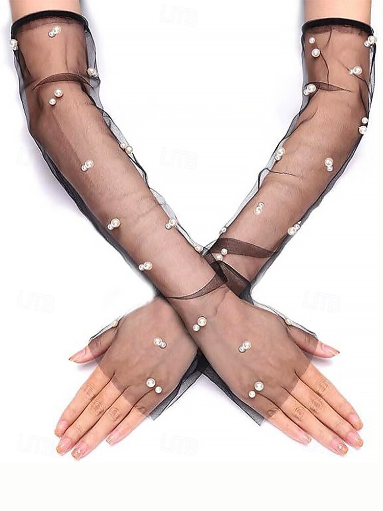 eleganta brudhandskar med skira pärlor – långa bröllopshandskar i tyll för kvinnor, vintage mesh-ärmar utan finger, högtidlig fest och tillbehör för speciella tillfällen 2025 - $11.99 –P8
