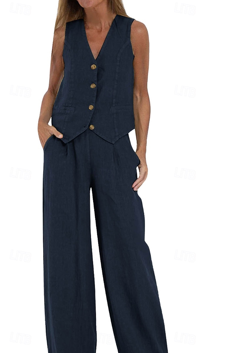 Women's Active Basic Linen-Inspired Sets Two Piece Sets Blouse Sleeveless V Neck Solid Color Dubbele Rij Knopen Vacation Casual Daily Black White Wine Summer Regular Fit 2025 - $26.99 –P17