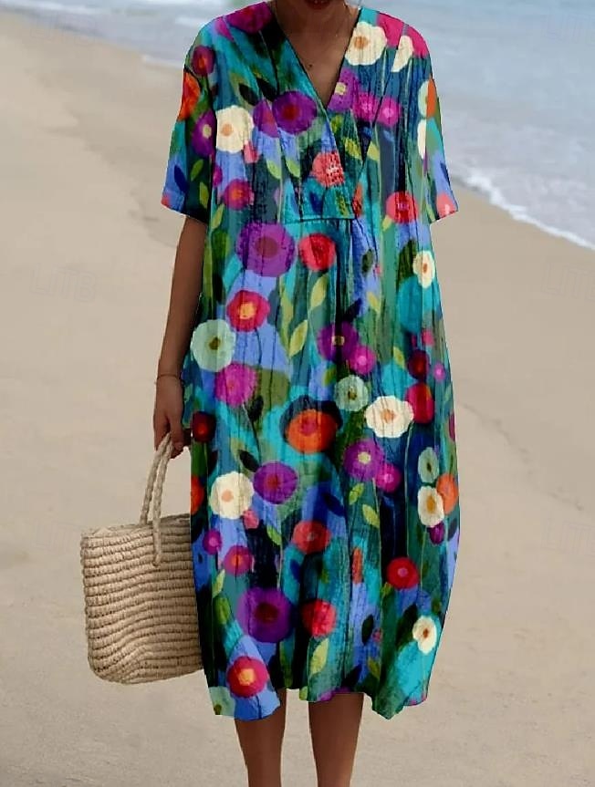 Robe Femme Midi Robe d'été A Line Lin Vacances Décontractée Plage Sortie Ajustement Large Graphique Fleurs Manches Courtes Col en V Jaune Bleu Été Plage de 2025 ? $36.99 –P1