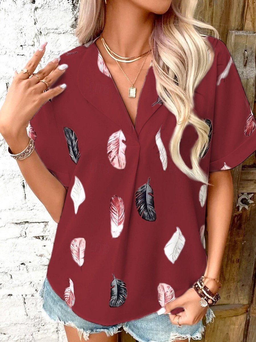 Women's Shirt Feather Stylish Casual Short Sleeve Shirt Collar Regular Tops Daily Buttons Print Black White Pink Wine Blue Summer Spring 2025 - $19.99 –P17