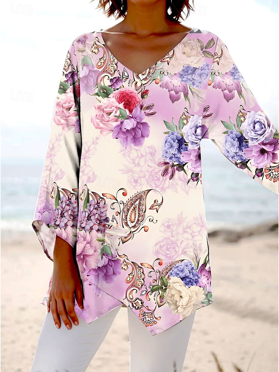 Per donna Blusa Floreale Pop art Moda Stile da spiaggia Manica corta A V Top regolari Giornaliero Stampa Viola Primavera Autunno del 2025 a $25.99 –P1