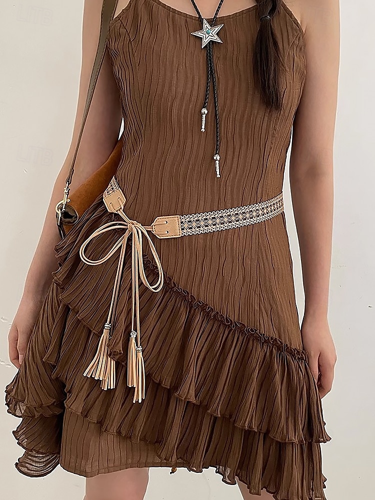 kvinnors boho-snörsbälte med tofs – vintage ihåligt midjebälte i fuskmocka, justerbart brett cinch-bälte för klänningar, festivaler och casual outfits 2025 - $11.99 –P3