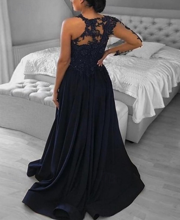 Abito da sera A-Line abito vintage gala black tie chiesa strascico  spazzola lunghe maniche spalla unica crepe elasticizzato schiena a scala con glitter paillettes spacco del 2025 a Kč4169 –P2