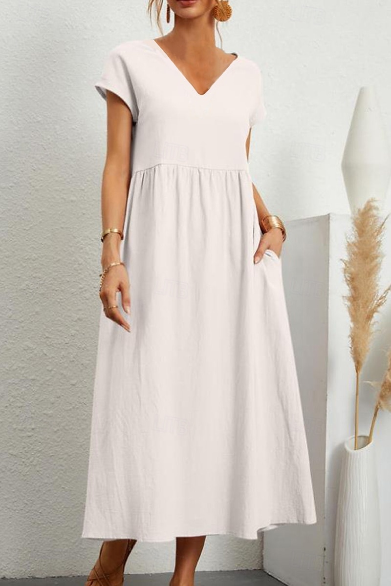 Women's Midi Dress Linen-Inspired Dresses Cotton Linen Dress Basic Classic Modern Vacation Daily Holiday Regular Fit Plain Short Sleeve V Neck Black Light Green Pink Army Green Summer 2025 - $26.99 –P6