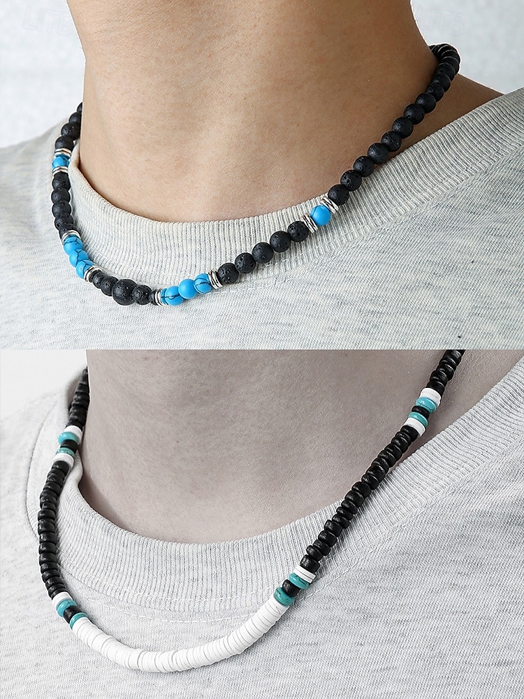 Collier de perles en pierre naturelle fait main pour homme – ras du cou style bohème vintage turquoise et agate noire, bijoux tribaux pour la plage, les voyages et les tenues décontractées de 2025 ? $9.99 –P3