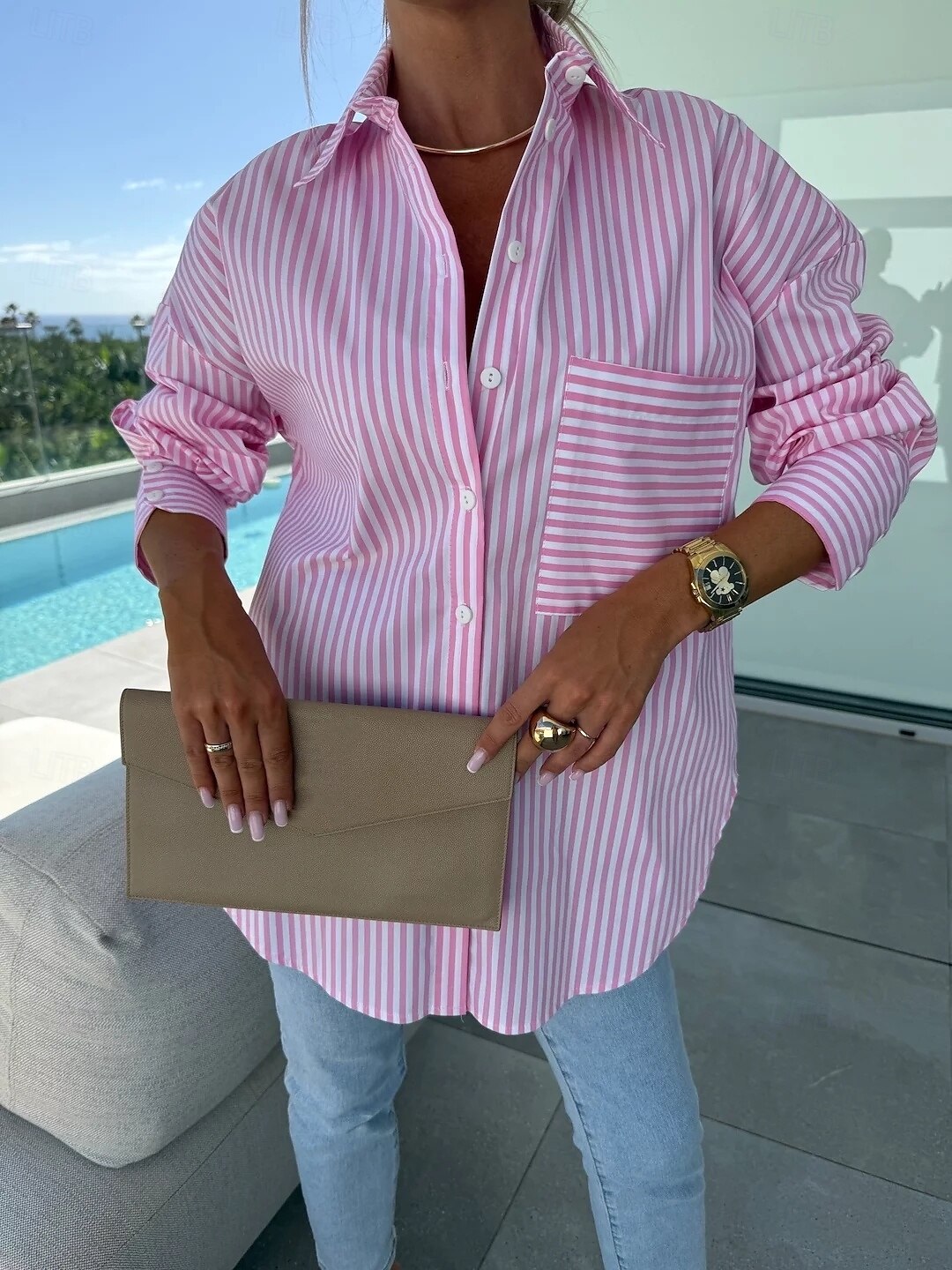Bluse Damen Rosa Blau Khaki Gestreift Print Vordertasche Täglich Elegant V Ausschnitt Regular Fit S 2025 - $21.99 –P1