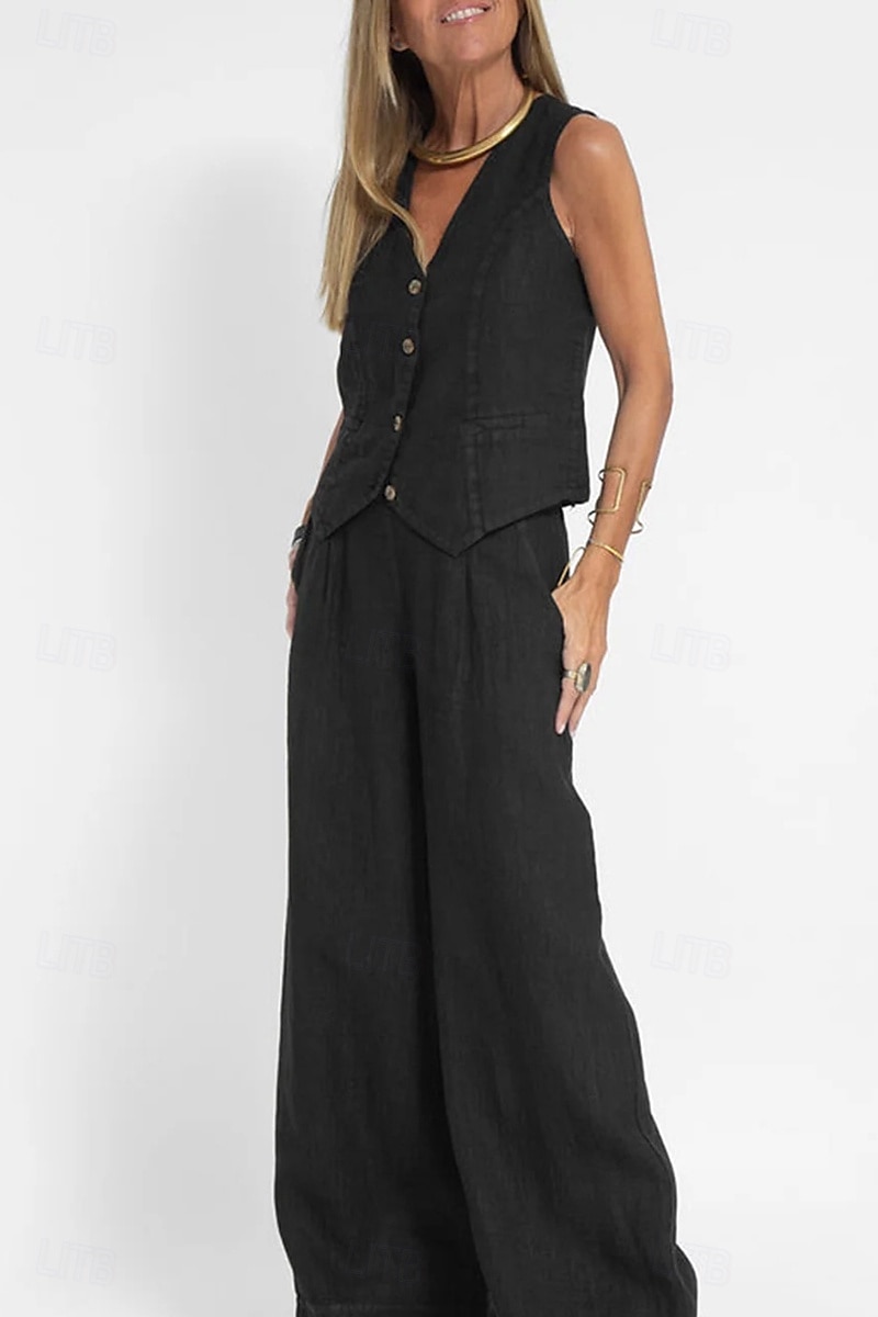 Women's Active Basic Linen-Inspired Sets Two Piece Sets Blouse Sleeveless V Neck Solid Color Dubbele Rij Knopen Vacation Casual Daily Black White Wine Summer Regular Fit 2025 - $26.99 –P10
