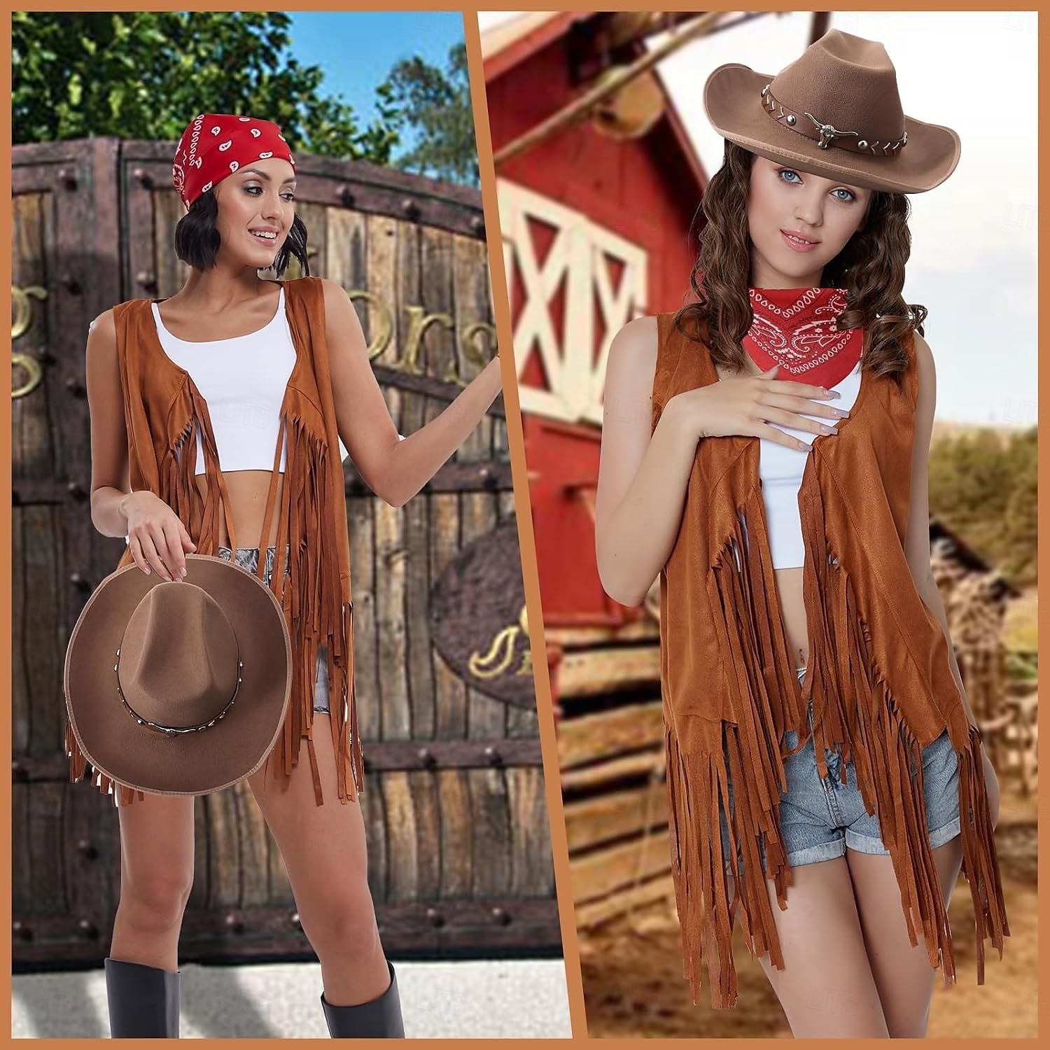 Western Outfits for Women Cowgirl Tassel Sleeveless Vest Cowboy Hat and Paisley Bandana 2025 - $30.99 –P6