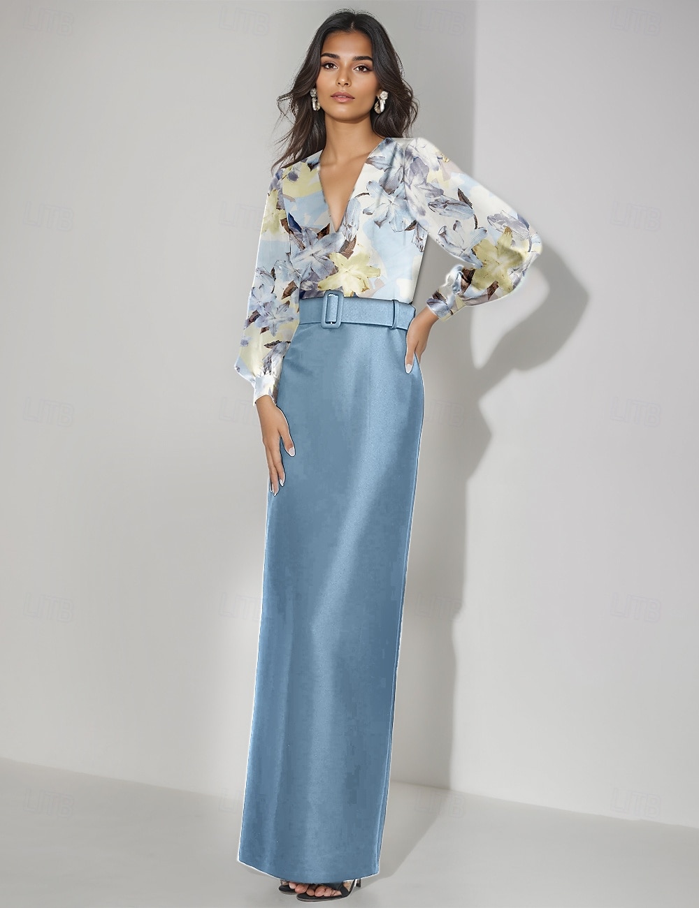 Abito da Sera Sirena Abito Formale Matrimonio Lunghezza Piena Maniche Lunghe Scollo a V Satin con Stampa Floreale Abito da Ospite di Matrimonio del 2025 a $160.99 –P1