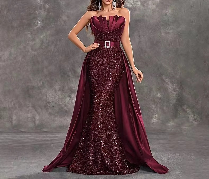 Mermaid / Trumpet Evening Gown Vintage Dress Evening Party Wedding Reception Sweep / Brush Train Sleeveless Strapless Belt / Sash Sequined Backless with Glitter Sequin 2025 - $213.99 –P1