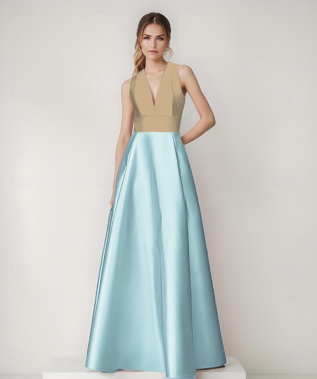 Vestido de noite em linha A, elegante, com blocos de cores, costas vazadas, formal, casamento, comprimento até o chão, sem mangas, decote em V, cetim com bolso lateral 2025 de 2025 por $148.99 –P7