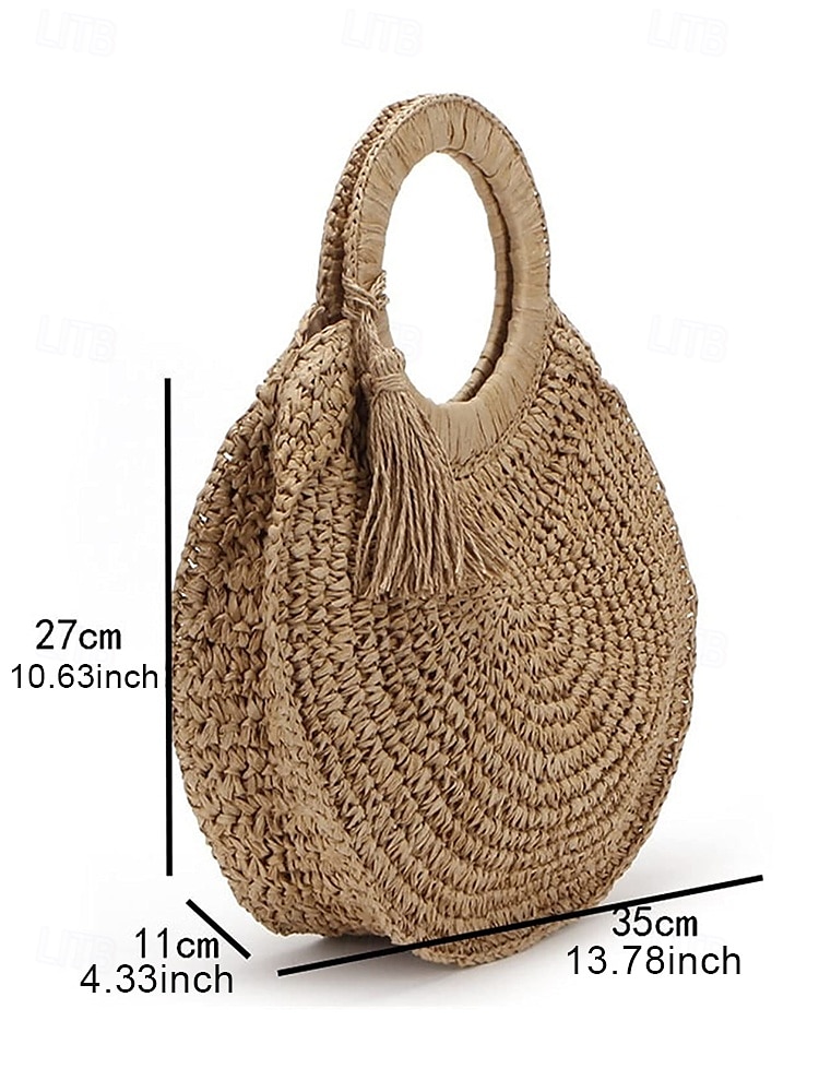 Women's Large Capacity Handmade Woven Straw Round Tote Bag - Bohemian Beach Tote with Tassels, Summer Vacation Rattan Wallet for Travel, Shopping and Vacation Brown Beige 2025 - $24.99 –P9