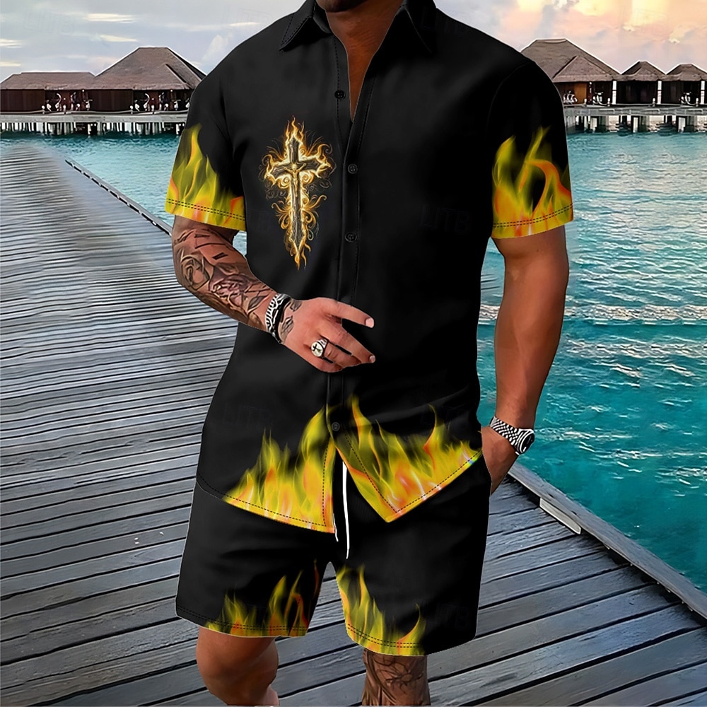 Påske Herre Kors 2stk Skjorter sett Skjortesett Kortermet Korte bukser Aftæpning Årgang Avslappet Daglig Festivalantrekk 3D-utskrift Sommer Rødstrupe-egg Blå Hvit Oransje 2026 - $40.99 –P5