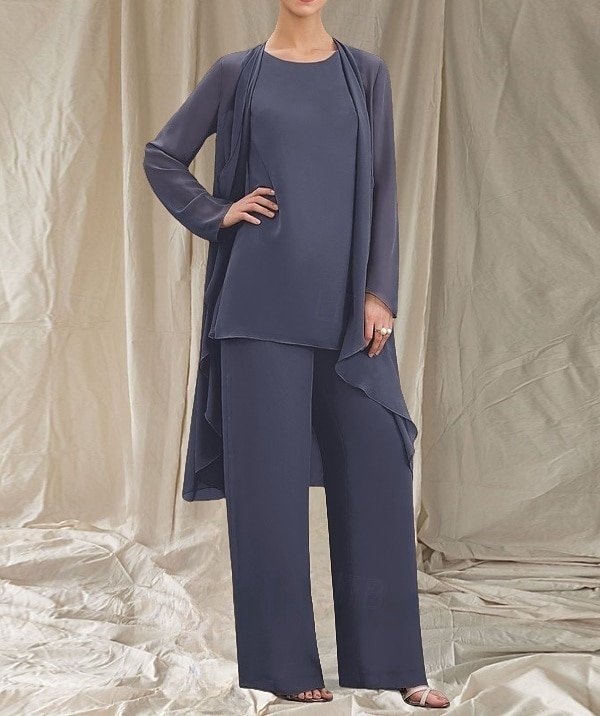 Macacão  Conjunto de Calça 3 Peças Mãe da Noiva Vestido de Convidada de Casamento Elegante Gola Redonda Comprimento Total Chiffon Manga Longa com Babados de 2025 por $139.99 –P1