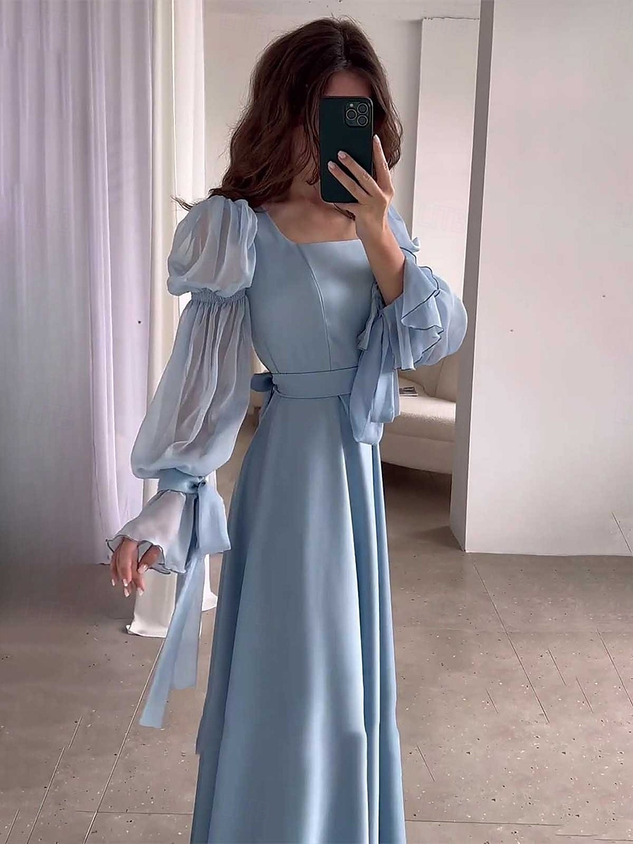 Kvinnors Plus Size Maxiklänning A-linje Klänning Off The Shoulder Klänning Puffärm Klänning Semester Semester Enfärgad Långärmad Fyrkantig Hals Ljusblå Vår Höst 2025 - $51.99 –P4