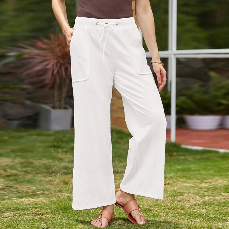 Mulheres Calças de linho de algodão Calças Simples Casual Comprimento total Natural Tecido Bolsos Design de cordão elástico Confortável Exterior Rua Roupa Diária Marron Escuro Verde Depressão Azul de de 2025 por $23.99 –P5
