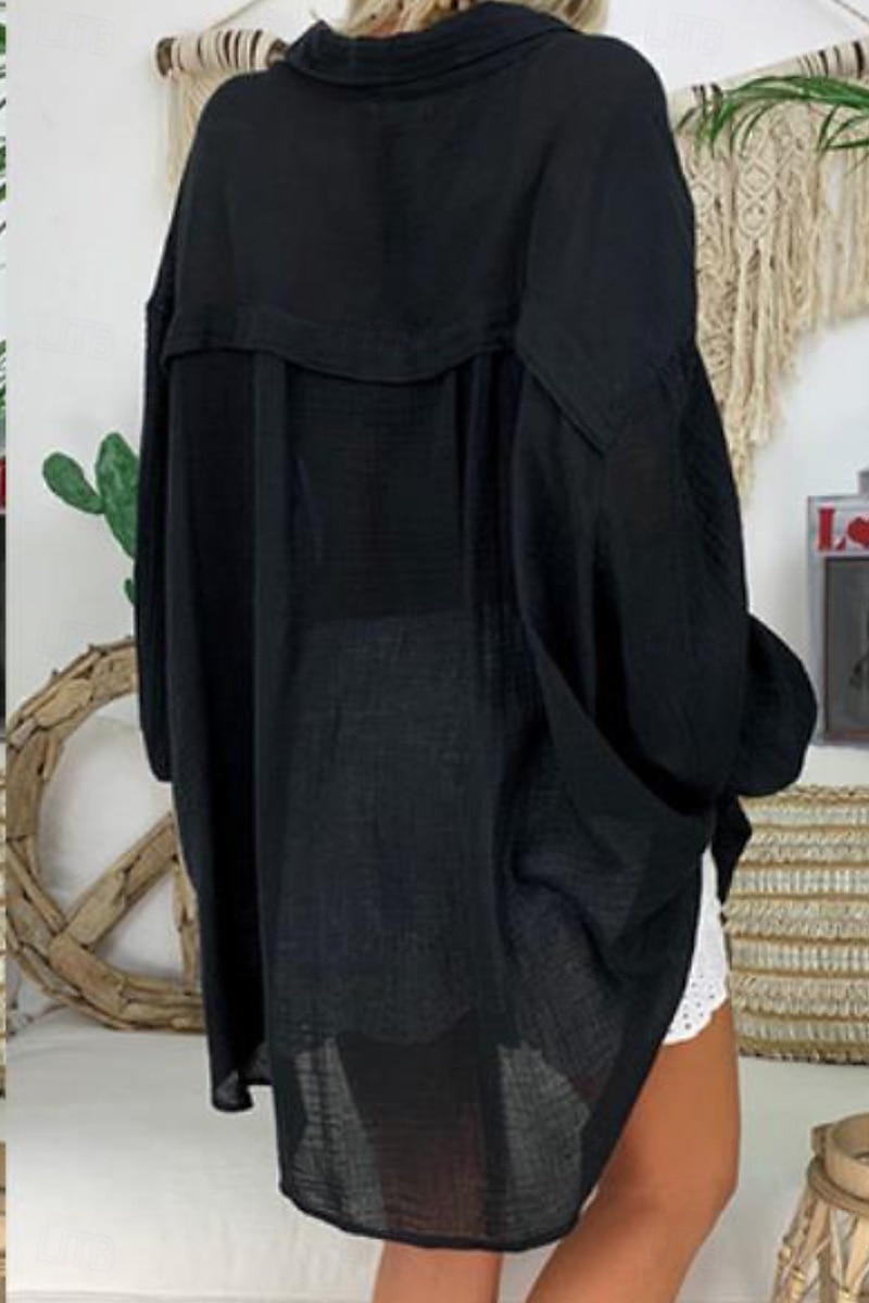 Per donna Camicia Camicie di cotone e lino Abbottonare Blusa Semplice Essenziale Moderno Manica Lunga Colletto a Camicia Top lunghi Ferie Uscire Bottoni Asimmetrico Nero Bianco Blu Viola Grigio Estate del 2025 a $29.99 –P8