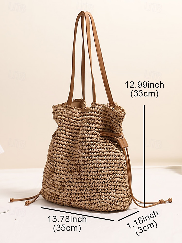 handgeweven strooien emmertas – boho trekkoord schoudertas, lichtgewicht zomer strandtas voor vrouwen, casual vakantie & reisaccessoire kleur beige koffie 2025 - $24.99 –P6