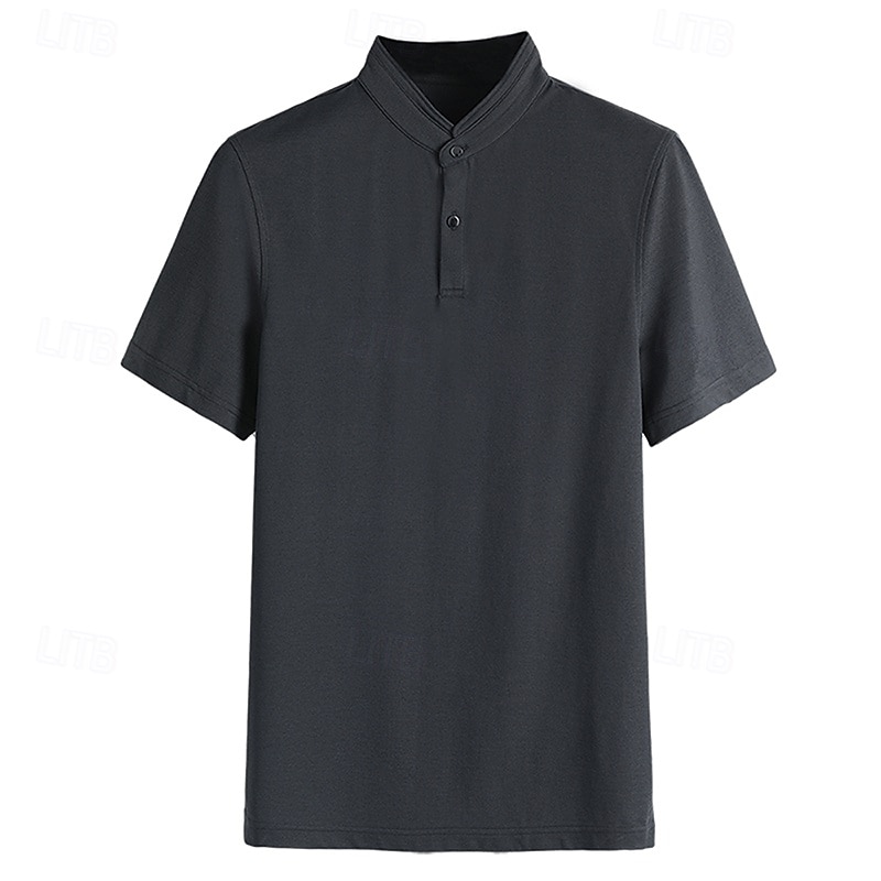 heren polo trui van zijde katoenmix, formeel werk, geribbelde kraag, korte mouwen, effen kleur, overhemd, zomer, donkergrijs, zwart, wit, kaki, grijs 2025 - $32.99 –P11