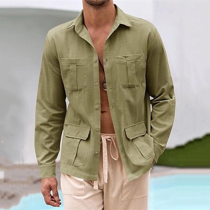 Per uomo Camicia camicia di lino Maglietta informale Camicia con bottoni Camicia di cotone Guaiabera Liscio Da mare Hawaiano Nero Bianco Verde Albicocca Manica lunga Bavero Primavera Autunno del 2025 a $29.99 –P4