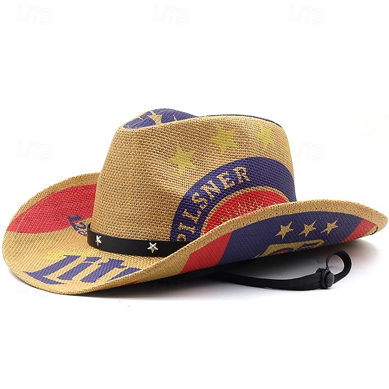 Per uomo Cappello da Sole Cappello da Cowboy Cappello Fedora Trilby Bianco Kaki Corda di paglia Stile Vintage Moda 18° Secolo Quotidiano Festa a Tema Bandiera Americana Protezione solare All'aperto del 2026 a $31.99 –P3